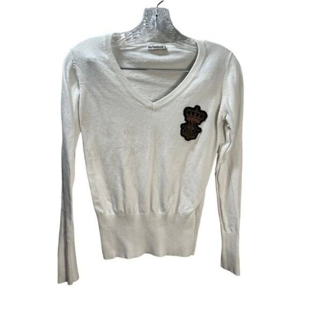 NEW Terranova White V Neck Crest‎ Sweater Medium